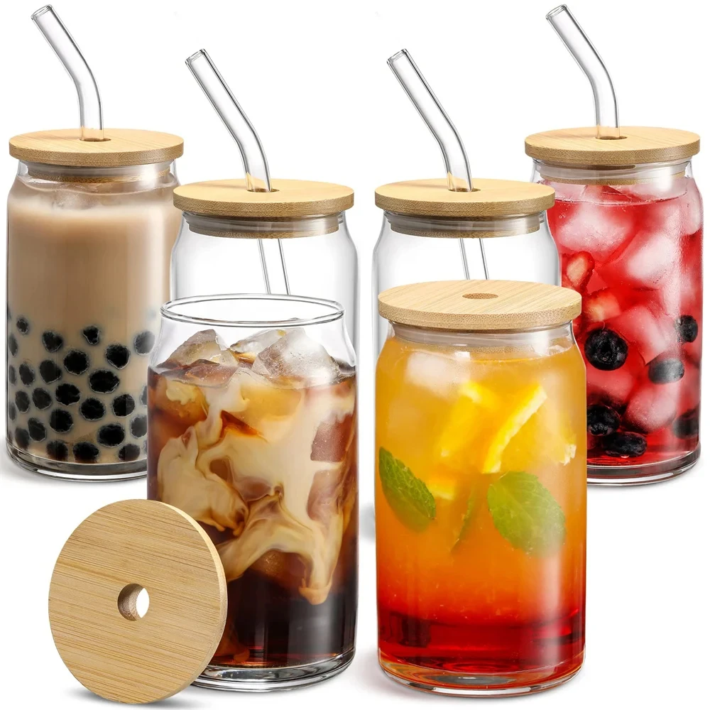 500ml Glass Cup with Lid and Straw Bubble Tea Cup Juice Glass Beer Can Milk Mocha Cups Breakfast Mug Drinkware Transparent Cup