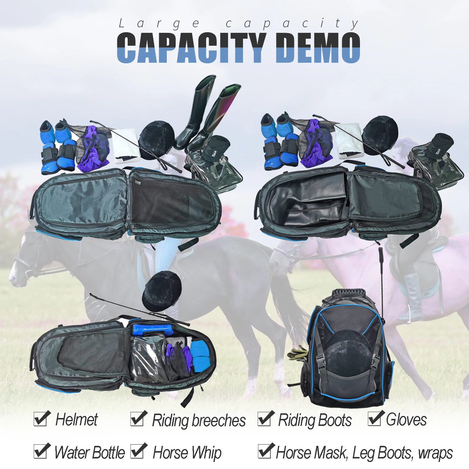 Large capacity equestrian horse riding gear horseback riding bag grooming tote bag equestrian backpack