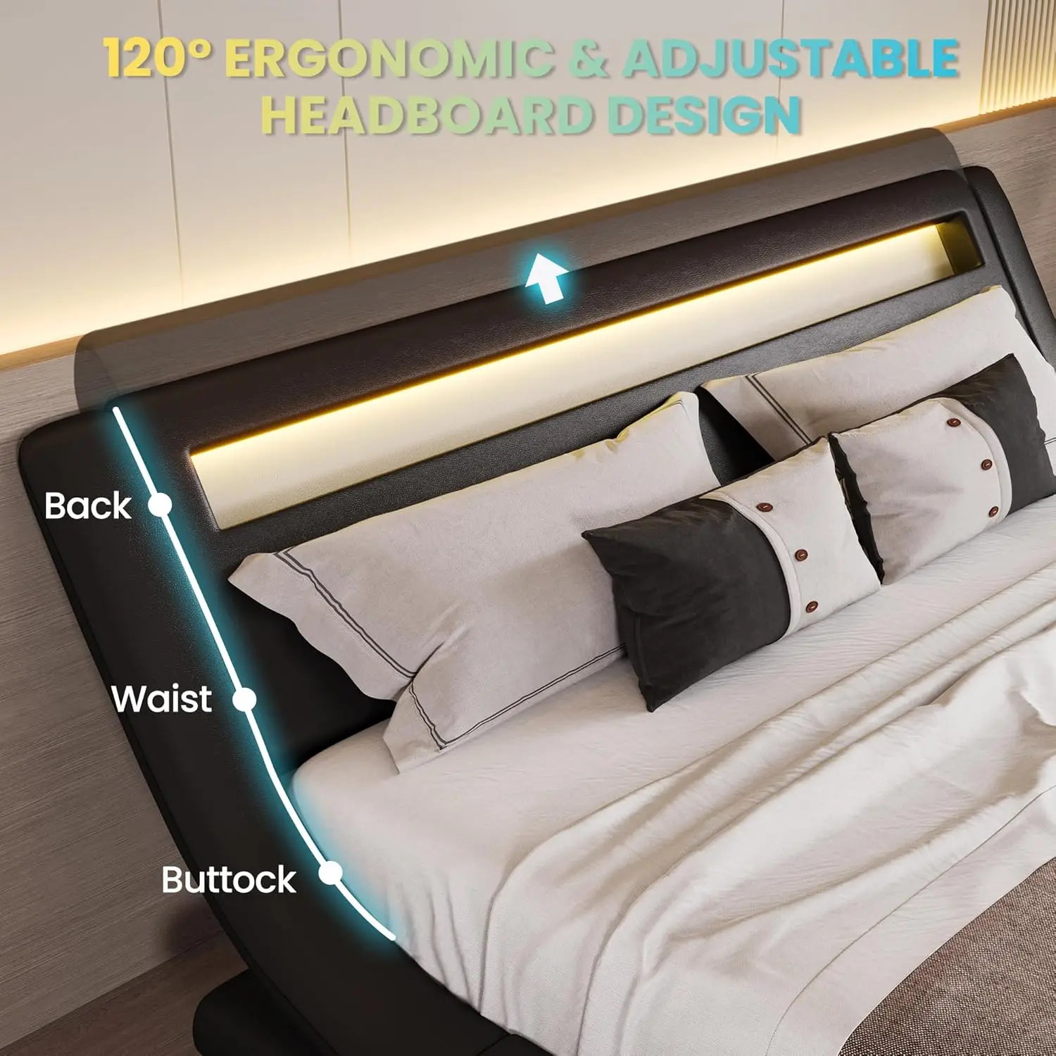 Description Picture 5 of itemLED Queen Bed Frame with Adjustable Headboard Low Profile Sleigh Design Strong Wood Slats Support and Mattress Foundation