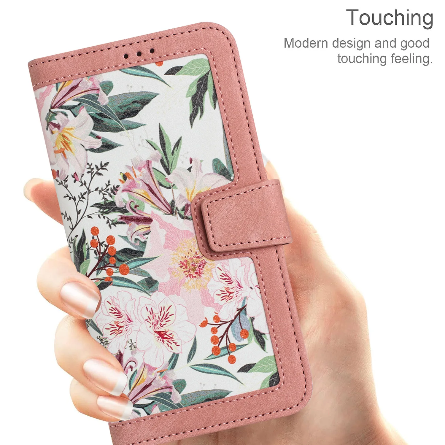 Elegant Flower Pattern Leather Flip Wallet Case with Magnetic Clasp and Wrist Strap