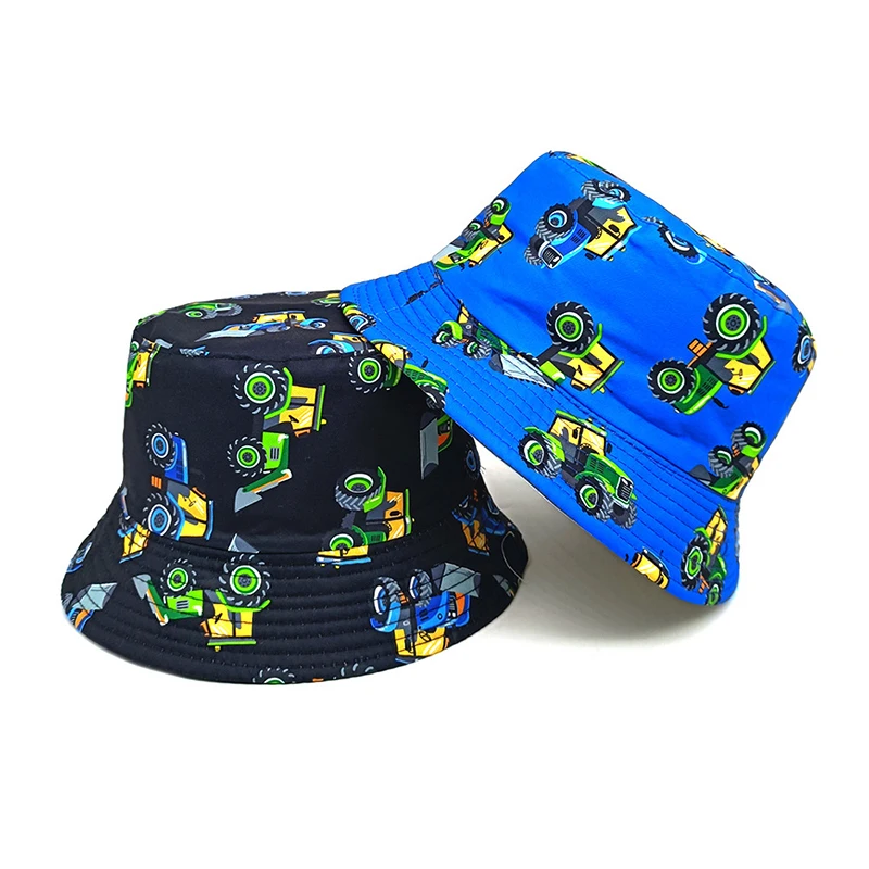 Outdoor Sun Hat Bocca Children Cartoon Bucket Hat Pattern Fisherman Hats Bulldozer Toy Panama Cap Boy Kids 54cm Double Sides Sunscreen