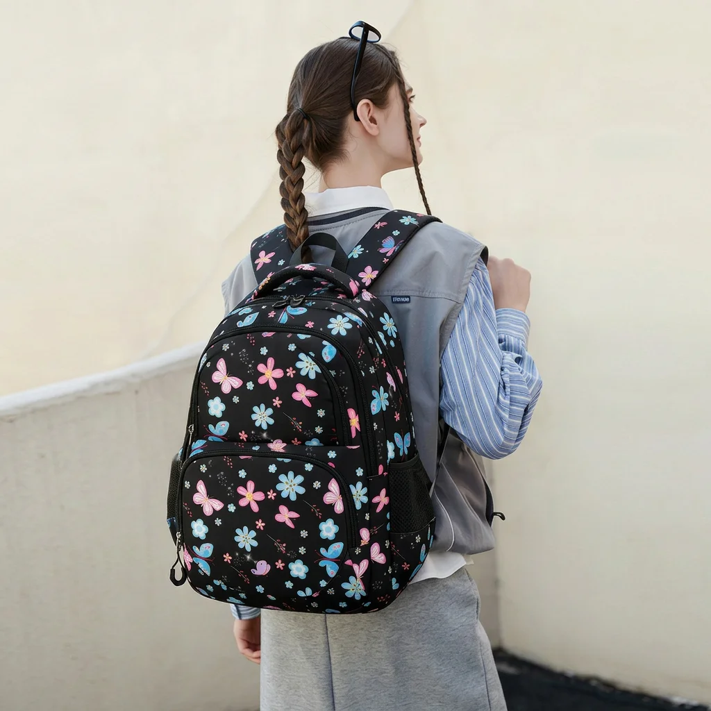 3-Piece Kids School Bag Set Butterfly Flower Print Water Resistant Lightweight Backpack With Insulated Lunch Bag Pencil Case 5