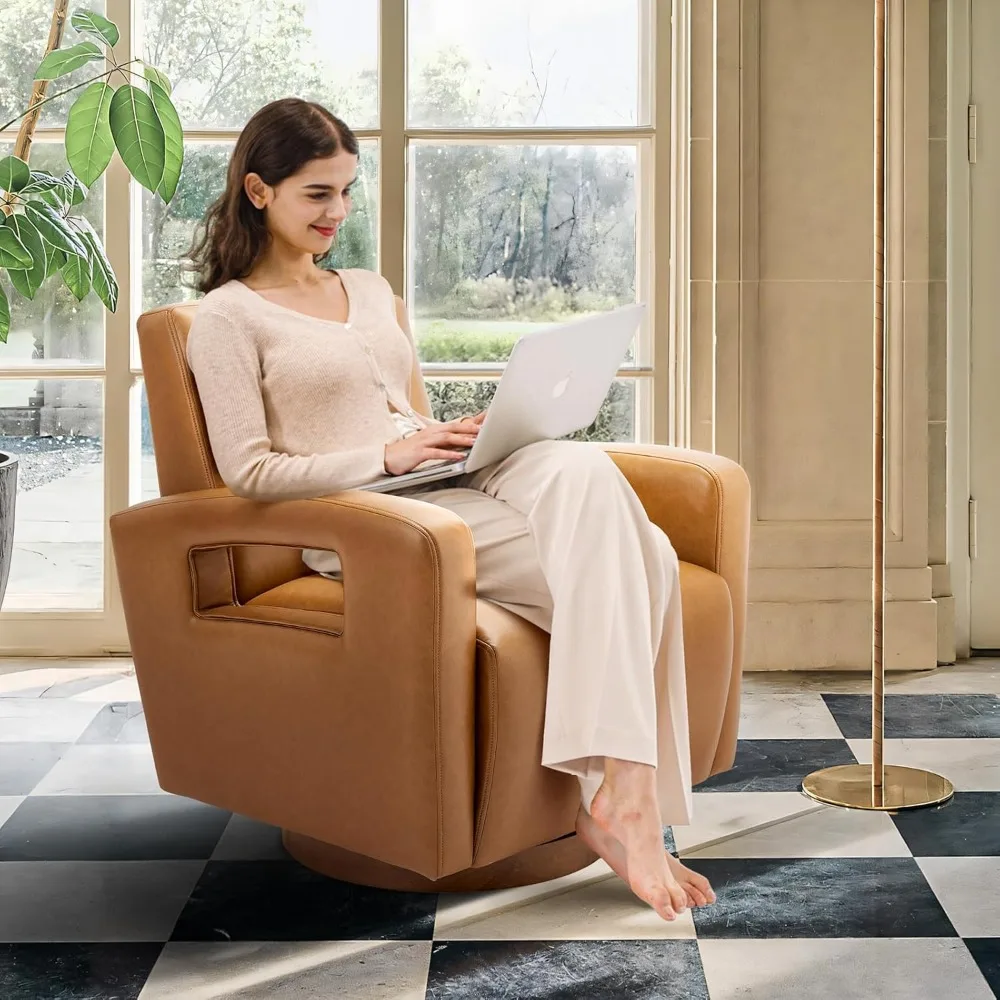 Swivel Accent Chair Set  , Faux Leather Swivel Chair with Solid Wooden Base, Living Room Swivel Armchair Single Sofa Chair 3