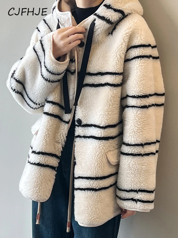 CJFHJE Hooded Teddy Lamb Wool Jackets Women New Winter Warm Korean Fashion Striped Furry Coat Ladies Pocket Plush Overcoat