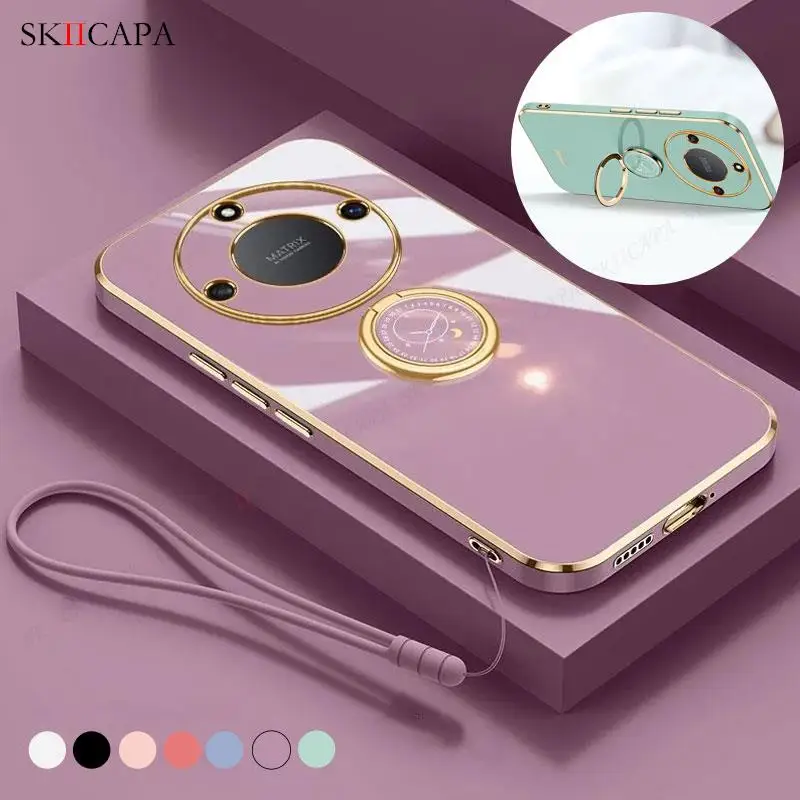 Electroplate Silicone Lanyard Phone Case with Ring Holder and Stand Feature