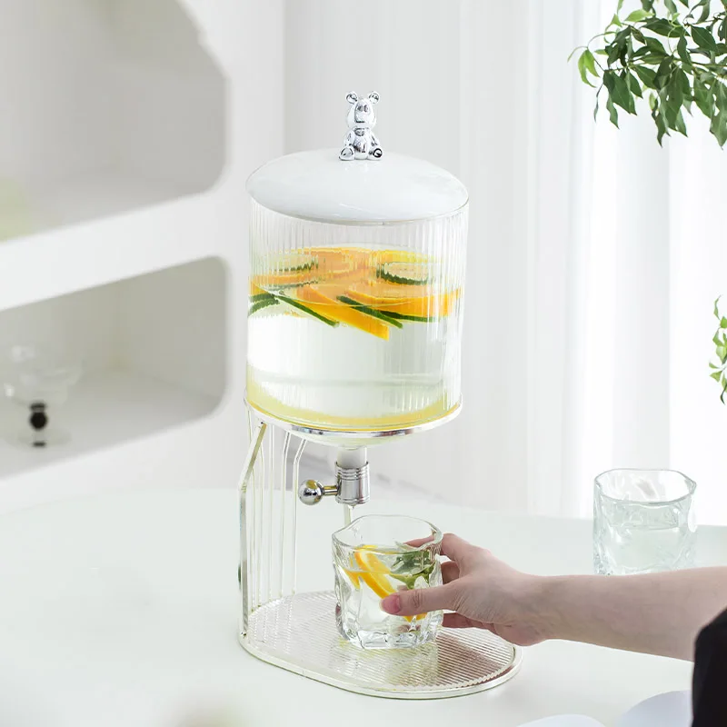 

New Upgraded Glass Water Tank With Tap 3L Beverage Barrel Summer Juice Drinking Utensil Ceramic Dustproof Lid Bear Twist Cover