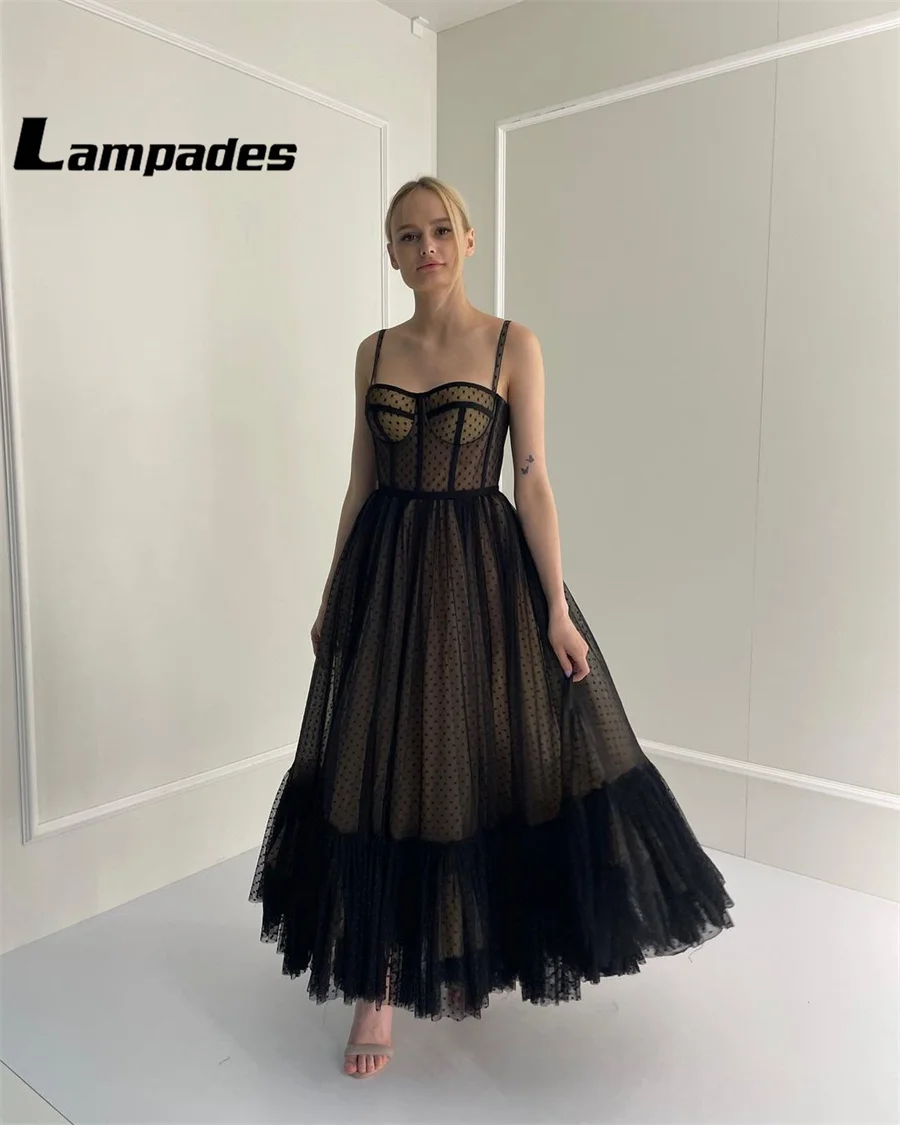 Cocktail Dress Black Dotted Tulle A-Line Spaghetti Straps Ankle Length Formal Party Evening