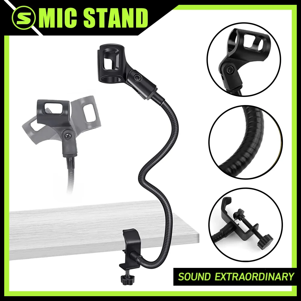 Microphone Stand Metal Table Clamp with Clip 360 Adjustable Flexible Gooseneck Universal Desk Microphone Arm Stand Podcast