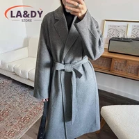 Woolen Coat High Quality 2024 Women Fashion Loose Lace-Up Female Solid Color Casual Long Sleeve Pockets Outerwear 1
