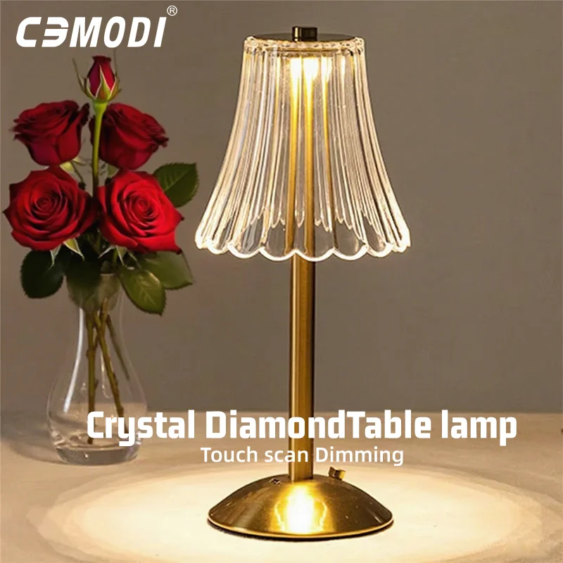 Table Lamp Crystal LED Table Lamp Rechargeable Touch Control 3 Color Dimmable Night Light for Bedroom USB Desk Lamp Bedside Reading