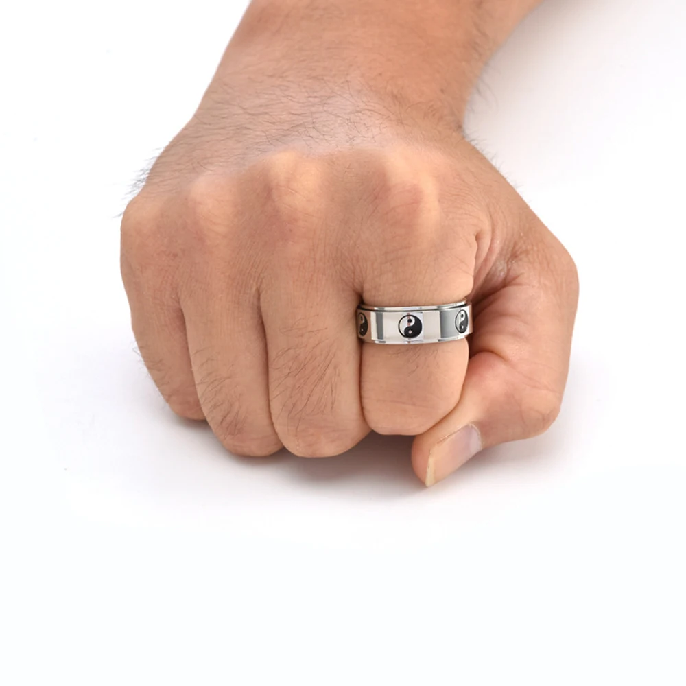 Titanium steel black and white Yin Yang Bagua rotatable ring personalized men's Tai Chi symbol rings 2