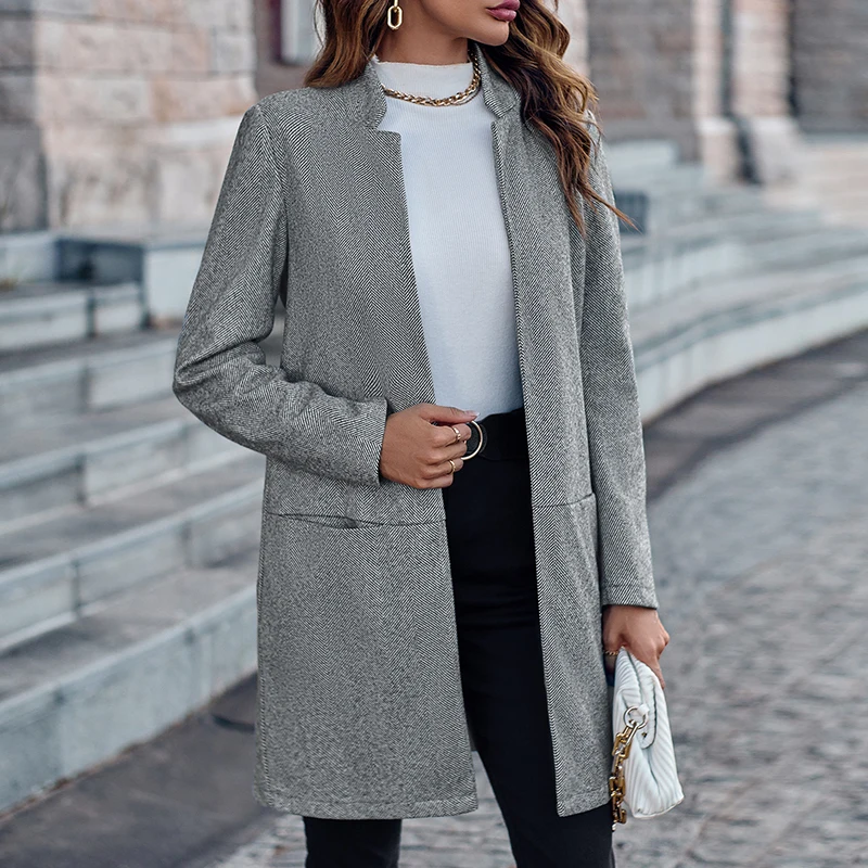 

Autumn Winter Long Sleeve Stand-up Collar Coats Women's Solid Color Pocket Cardigan Casual High Street Commute All-match Outwear