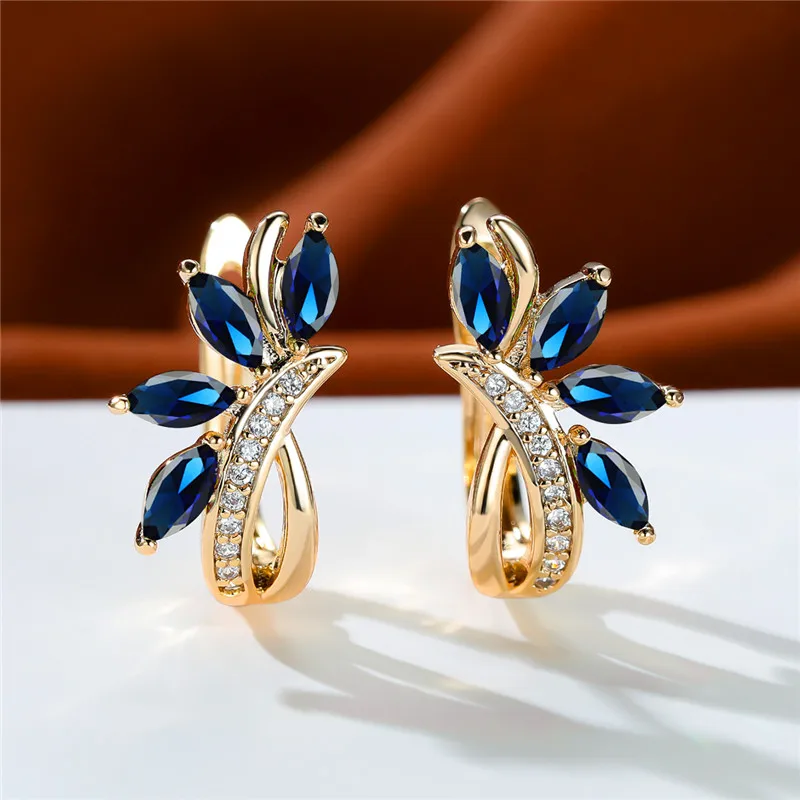 Cute Female Blue Green Stone Clip Earrings Charm Gold Color White Zircon Stone Wedding Jewelry For Women