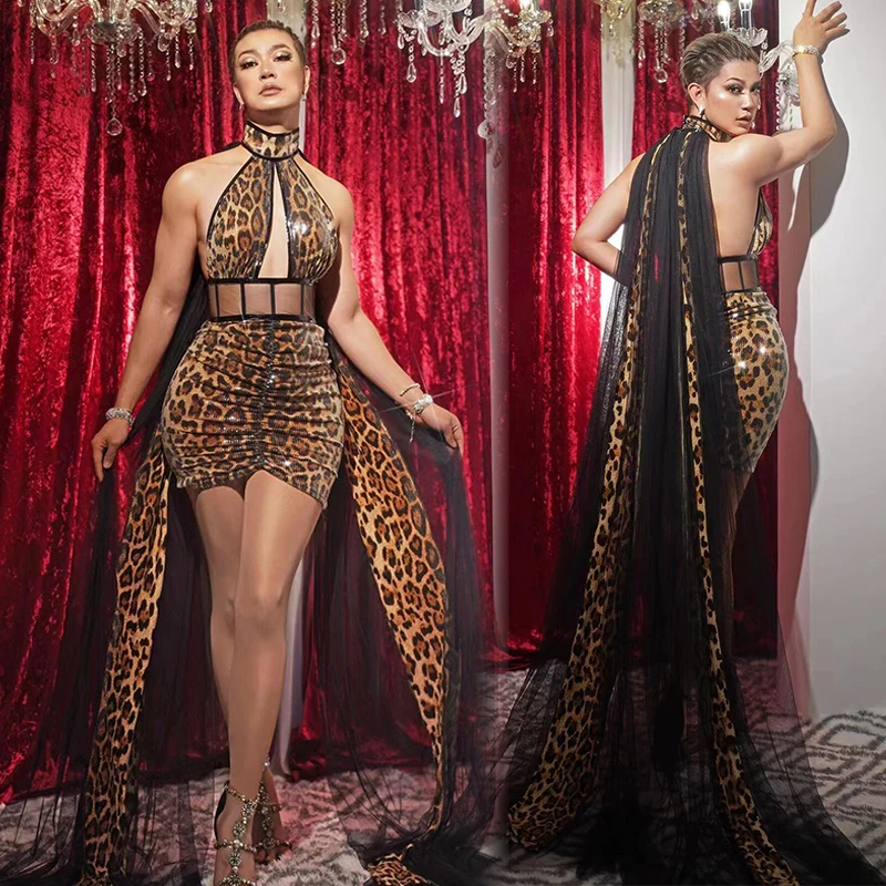

Sexy Leopard Halter Dress Female Mesh Trailing Party Evening Dresses Singer Performance Costume Rave Festival Clothing VDB5618