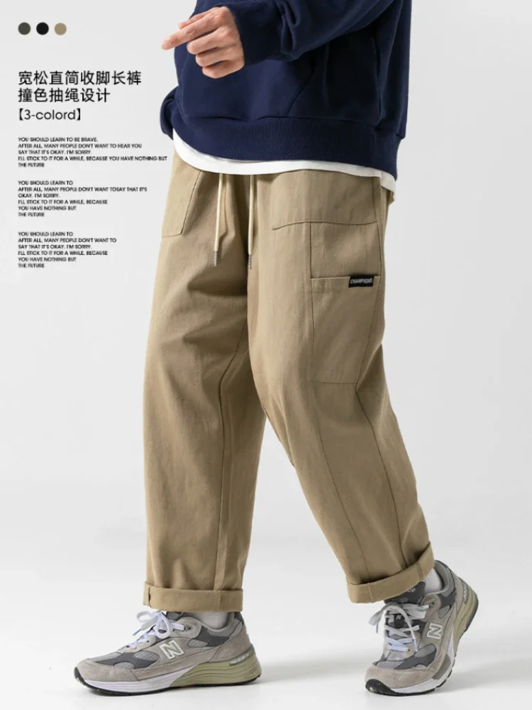 Japanese Style Casual Work Pants Men's Spring and Fall Cotton Loose Straight Splicing Pants Streetwear Trendy Retro Cargo Pants
