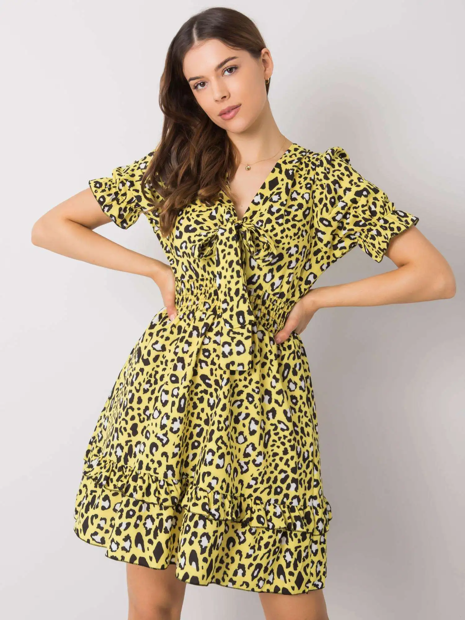 

2024 Summer Woman Mini Dress Short Sleeve V-neck Bowknot Collar Fashion Printed Female Dress Sweet Leopard Chiffon Dress Mermaid