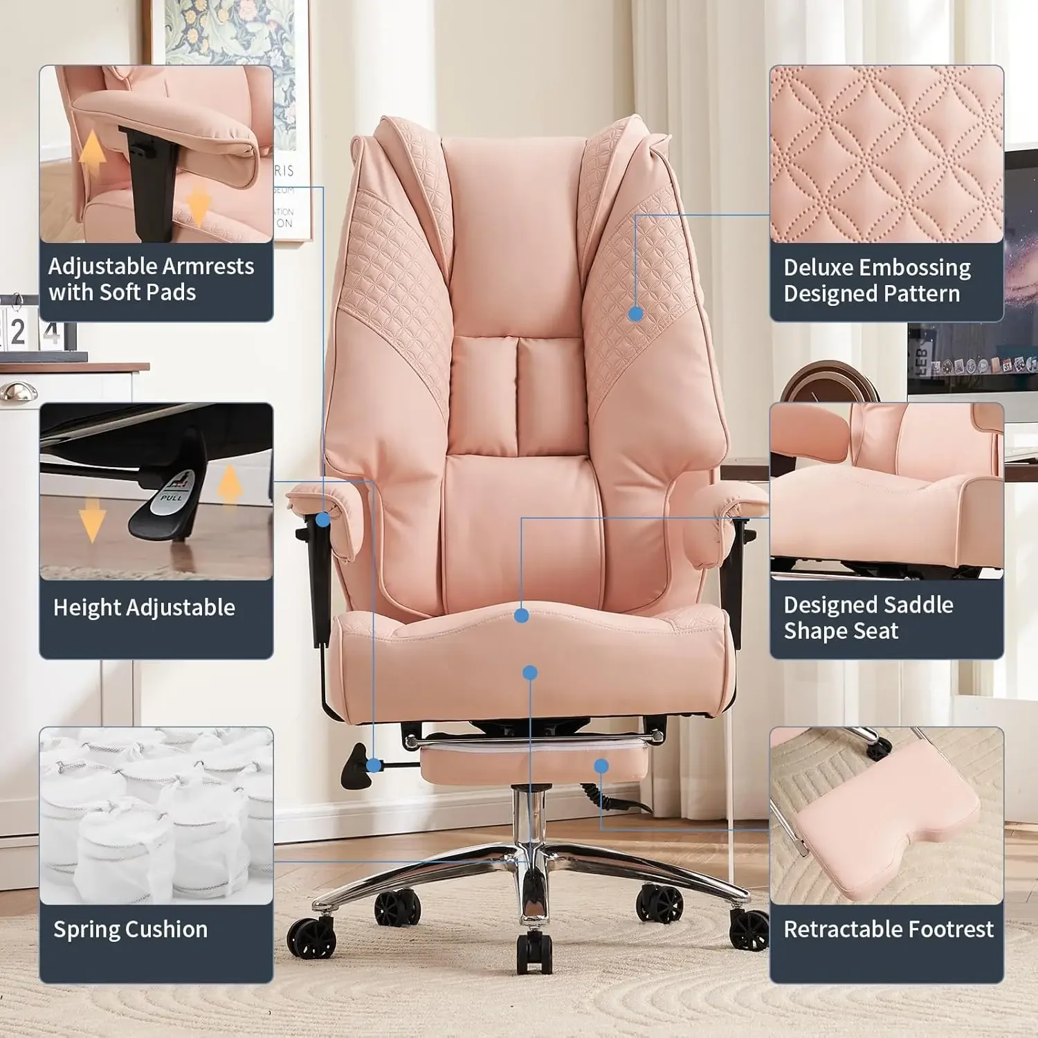 Back Executive Office Chair with Foot Rest, Ergonomic Office Chair Lumbar Support for Lower Back Pain Relief (Light Pink) 3