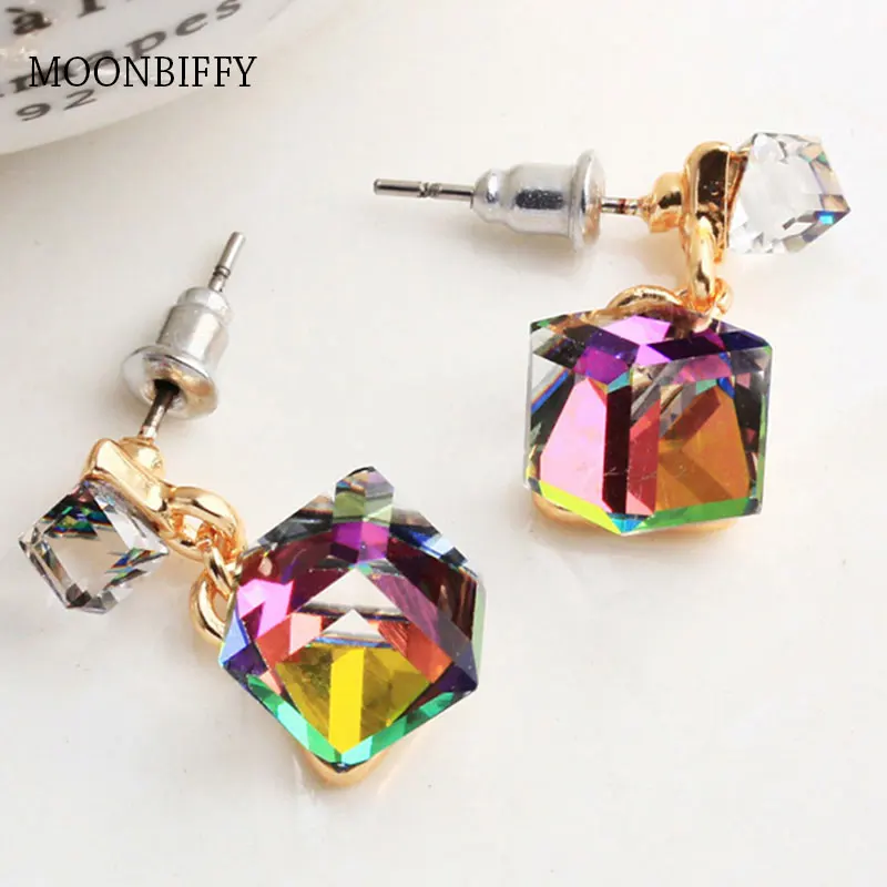 Fashion Stud Earring for Women With Stones Crystal Clear Green/Gray/Multicolor Color CZ Cube Jewelry Gift