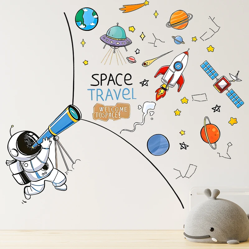 

Cartoon Astronaut Rocket Satellite Planet Wall Stickers For Home Decoration Kids Bedroom Mural Art Pvc Decals Diy Space Poster