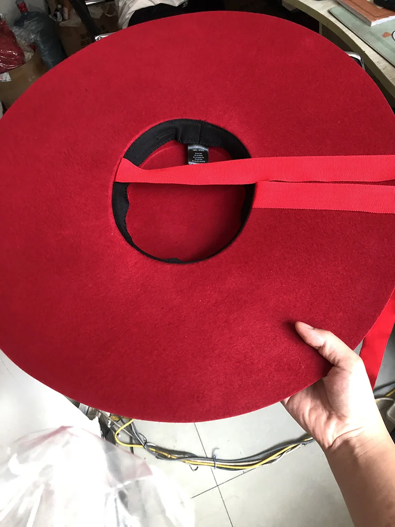 Roter Super-Wollhut, extra groß, 15 cm, große Krempe, flacher Oberteil, weicher Hut für Männer und Frauen, flacher Hut, neuer Hut mit großer Krempe – Detail 9