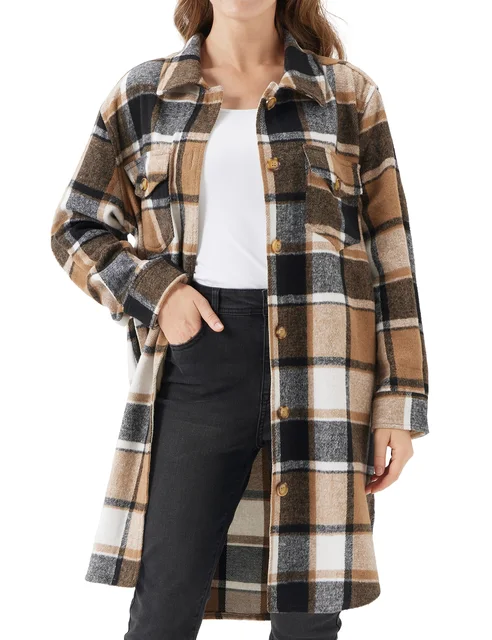URBEST Women's Oversized Plaid Shacket - Cozy Long Sleeve Button Down Jacket with Pockets, Knee Length/Plus Size/Cropped 1