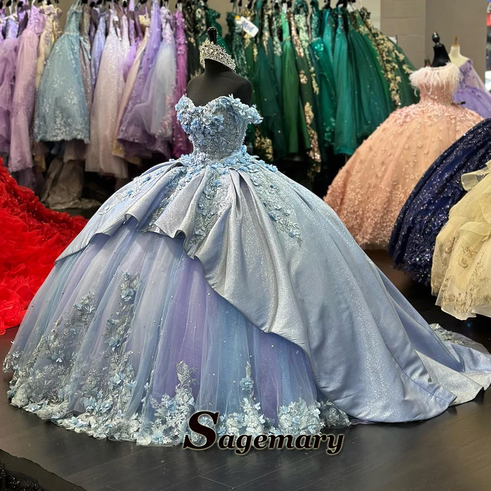 Princess Ball Gown Quinceanera Dresses for Girl Glitter Tulle Appliques Sweetheart Off the Shoulder Corset Customised Sagemary