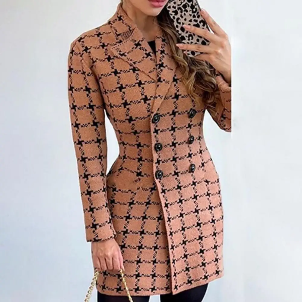 

Women Plaid Coat Stylish Plaid Print Double-breasted Women's Suit Coat Slim Fit Long Sleeve Mid Length for Formal Business Style