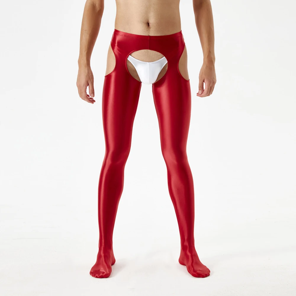 Men Women Sexy Sheer Oil Shiny Glossy Tights Leggings 4 Side Cutout Jumpsuit Crotchless Exposed Cock Open Butt Pantyhose Wetlook