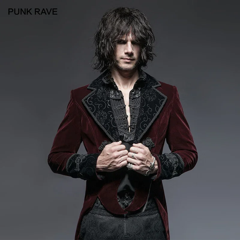 PUNK RAVE Gothic Vampire Red Men's Gentle Tail Jacket with Scissors Punk Rock Party Cospaly Men Long Coat Clothes Windbreaker