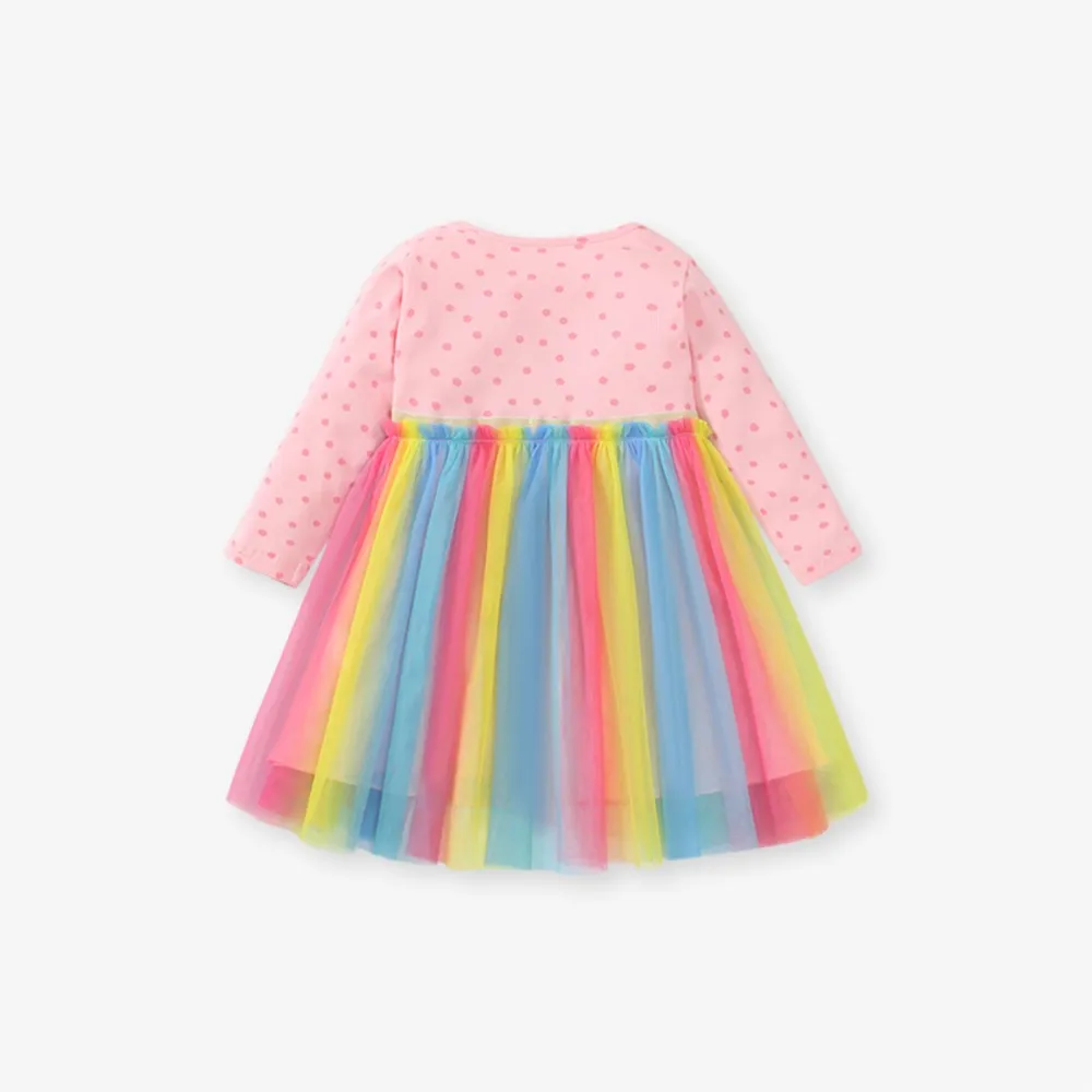 Girls Dresses 2025 Rainbow Colorful Mesh Children Girls Party Dresses Split Joint Long Sleeve Dresses Kids