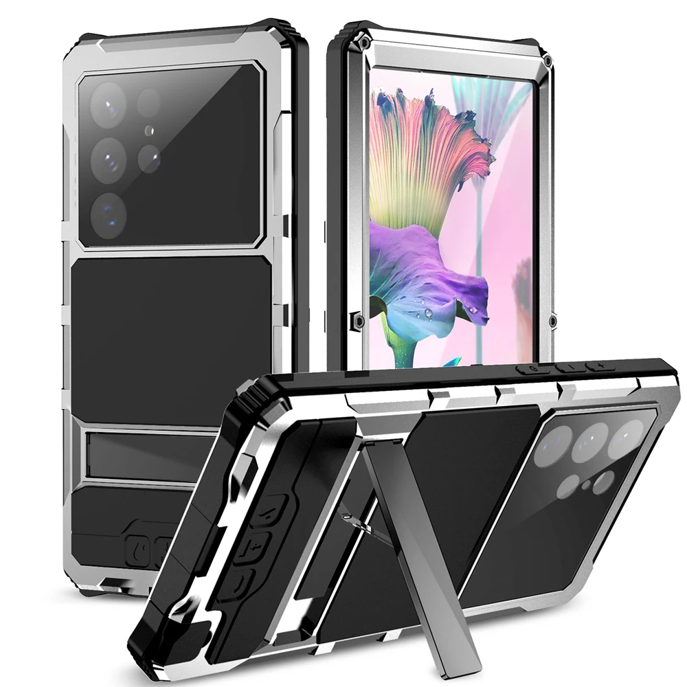 

Heavy Duty Tempered Glass Case For Samsung Galaxy S23 Ultra S22 Ultra Anti Shock Bracket Metal Anti Fall Case Camera Protective