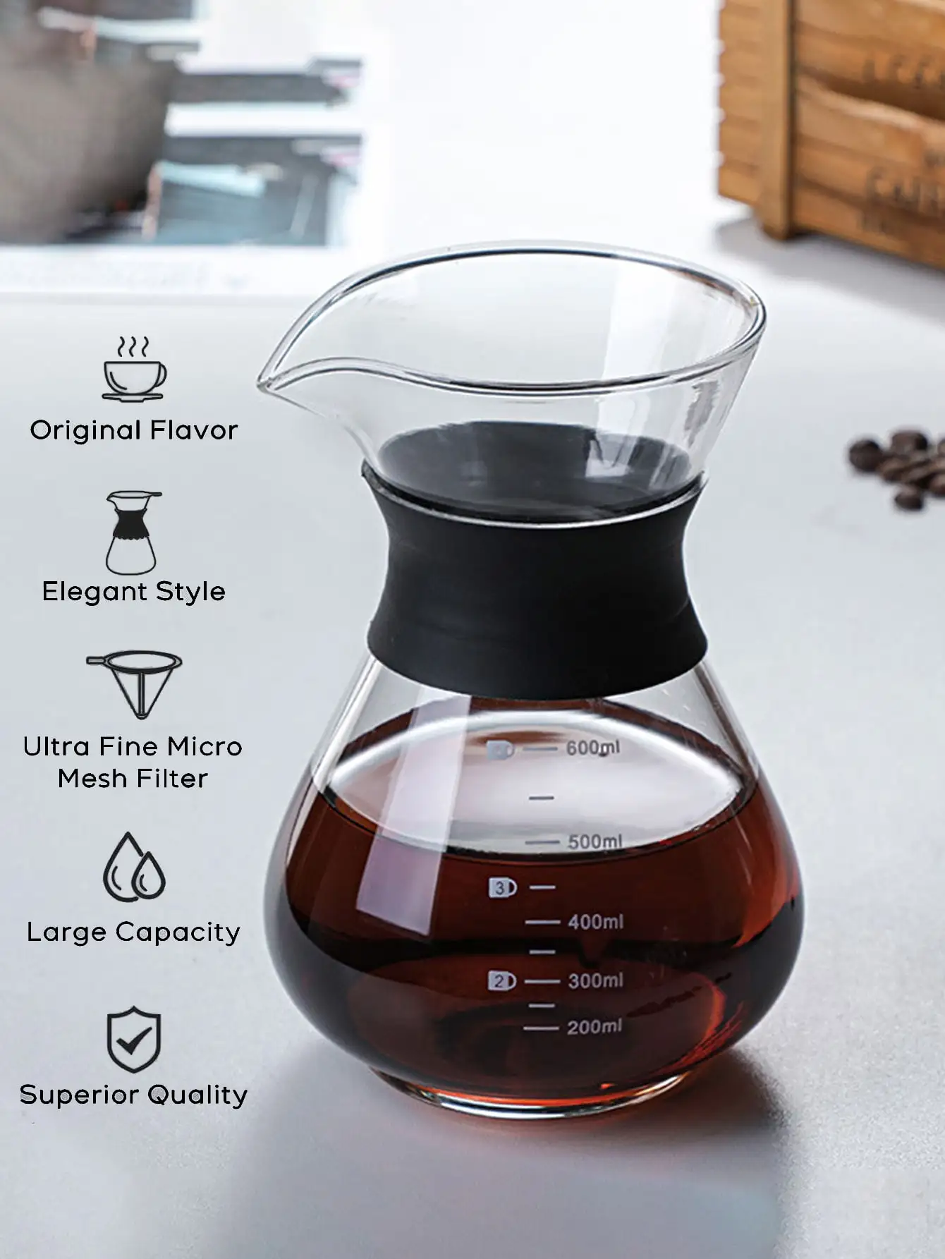 Glass Coffee Dripper and Carafe Set with Reusable Metallic Filter 13.5 oz