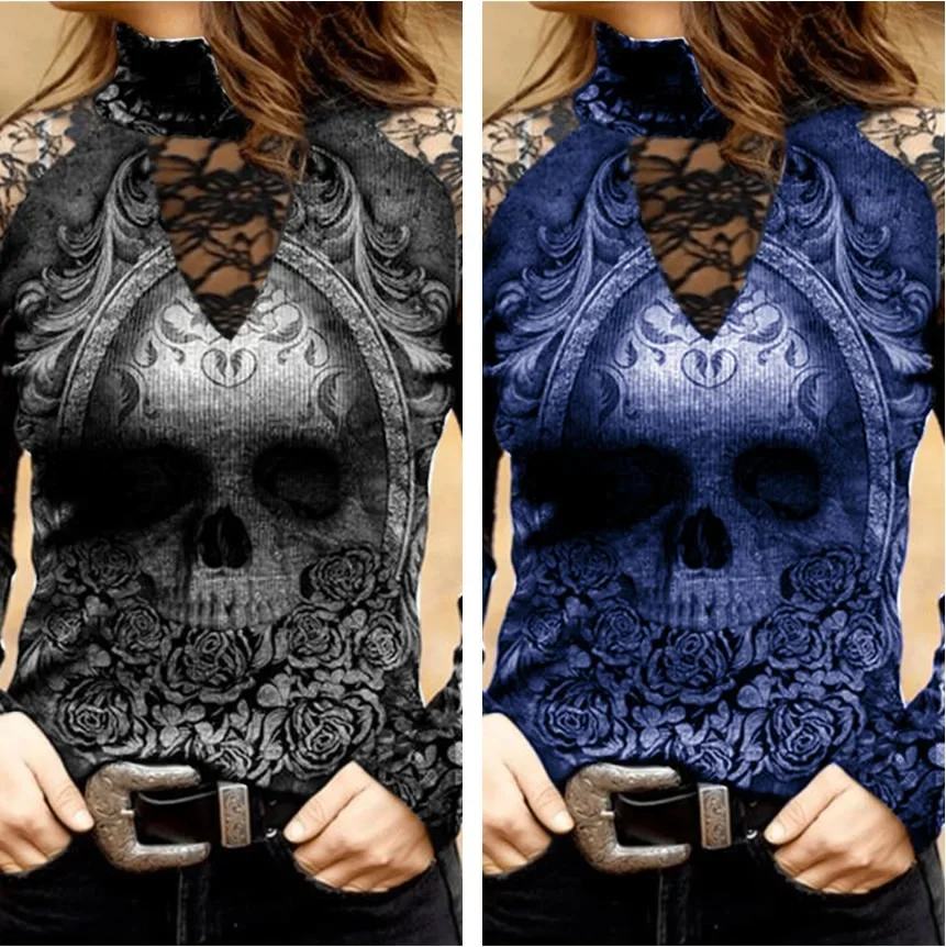 

Women's Cool Fashion Skull & Flower Print T-shirt Turtle Neck Clothing Sexy Gothic Hollow Long Sleeve Ladies Top Pullover Shirts