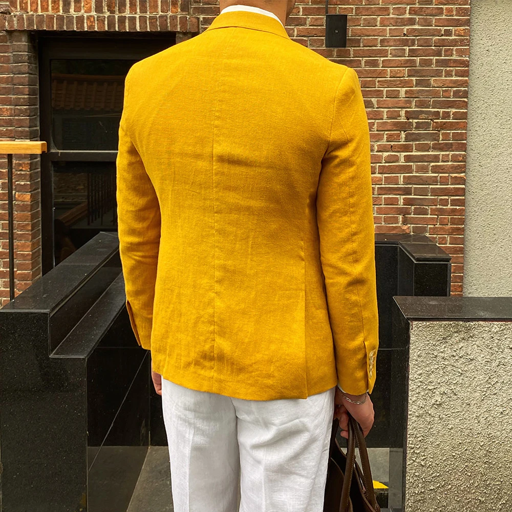 Linen Men Blazer Casual Double Breasted Suit Jacket