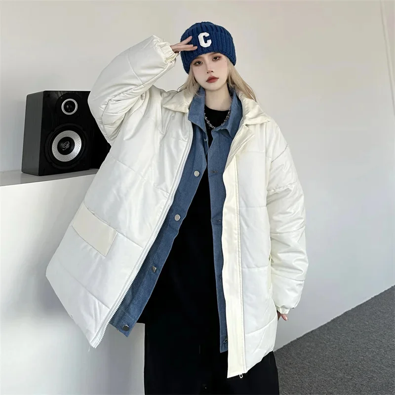 

American Streetwear Fake Two Pieces Puffer Jackets Women Winter Loose PU Leather Hooded Bubble Coats Couple Parkas