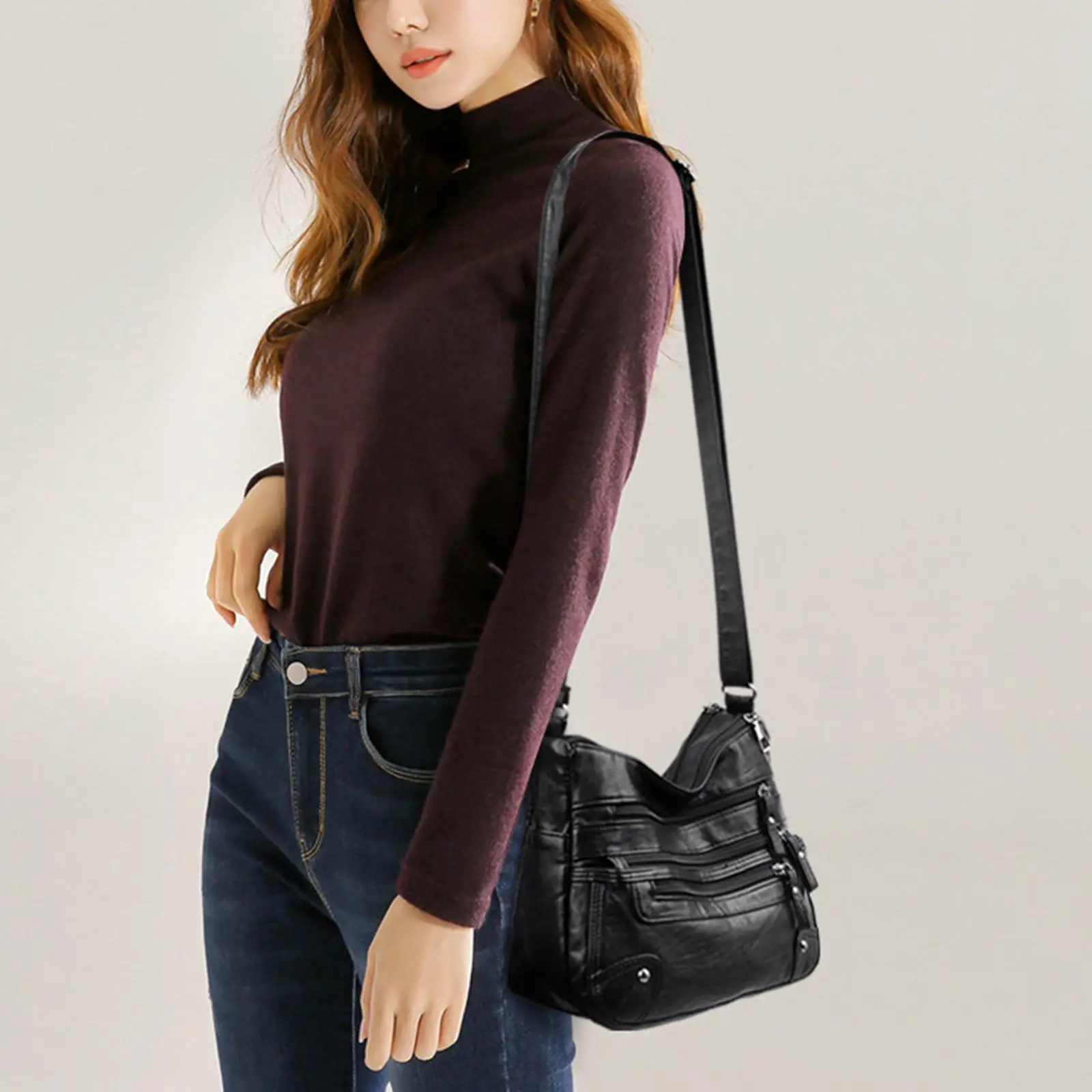 Women Leather Shoulder Bag Vacation Casual Travel Bag Multi Layer Lady Black