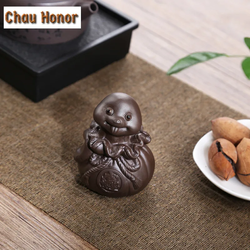 Tea Pets Cute Snake Statue Ornament Home Tea Set Decoration Art Gift Handmade Sculpture Crafts Creative Purple Clay Fingertip