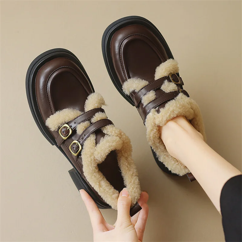 

Warm Fur Metal Buckle Loafers Woman 2023 Designer Cow Leather Women Shoes Casual Thick Sole Lady Shoes Slip On Zapatillas Mujer