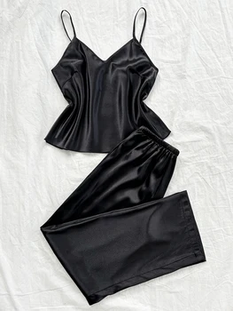 بيجامة كاجوال بسيطة بلون سادة ورقبة على شكل حرف V، بيجامة نسائية بسيطة ومريحة مكونة من قطعتين 6