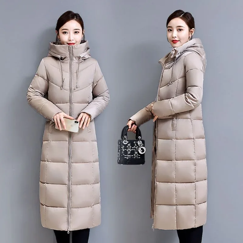 

2023 New Women Down Cotton Coat Winter Jacket Female Mid-length Over Knee Parkas Hooded Thicken Outwear Slim Commuting Overcoat