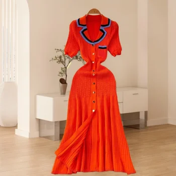 Abito da donna stile francese ricamato a maniche corte con colletto polo, vita impero, color block, lunghezza alla caviglia, nuovo arrivo estivo
