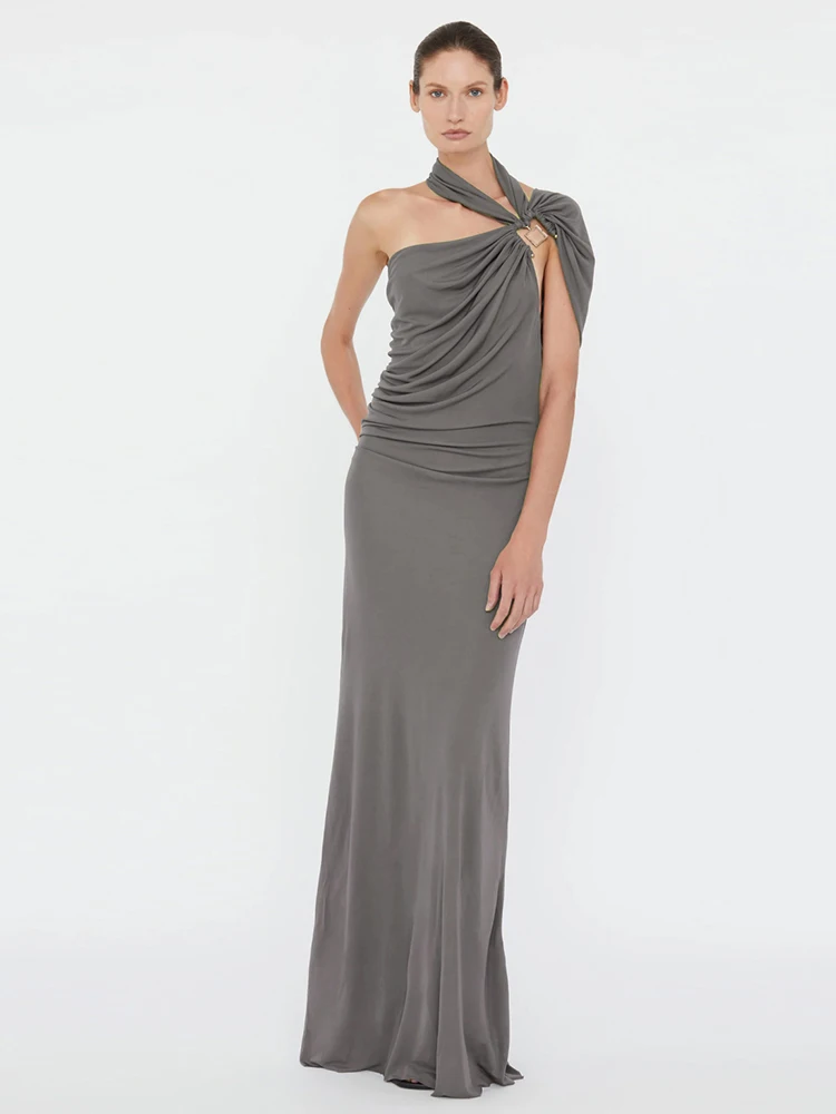 Nibber Temperament Hollow Irregular Dress Women Side Metal Buckle Backless Ruched Sleeveless Skinny Stretch Simple Maxi Bodycon