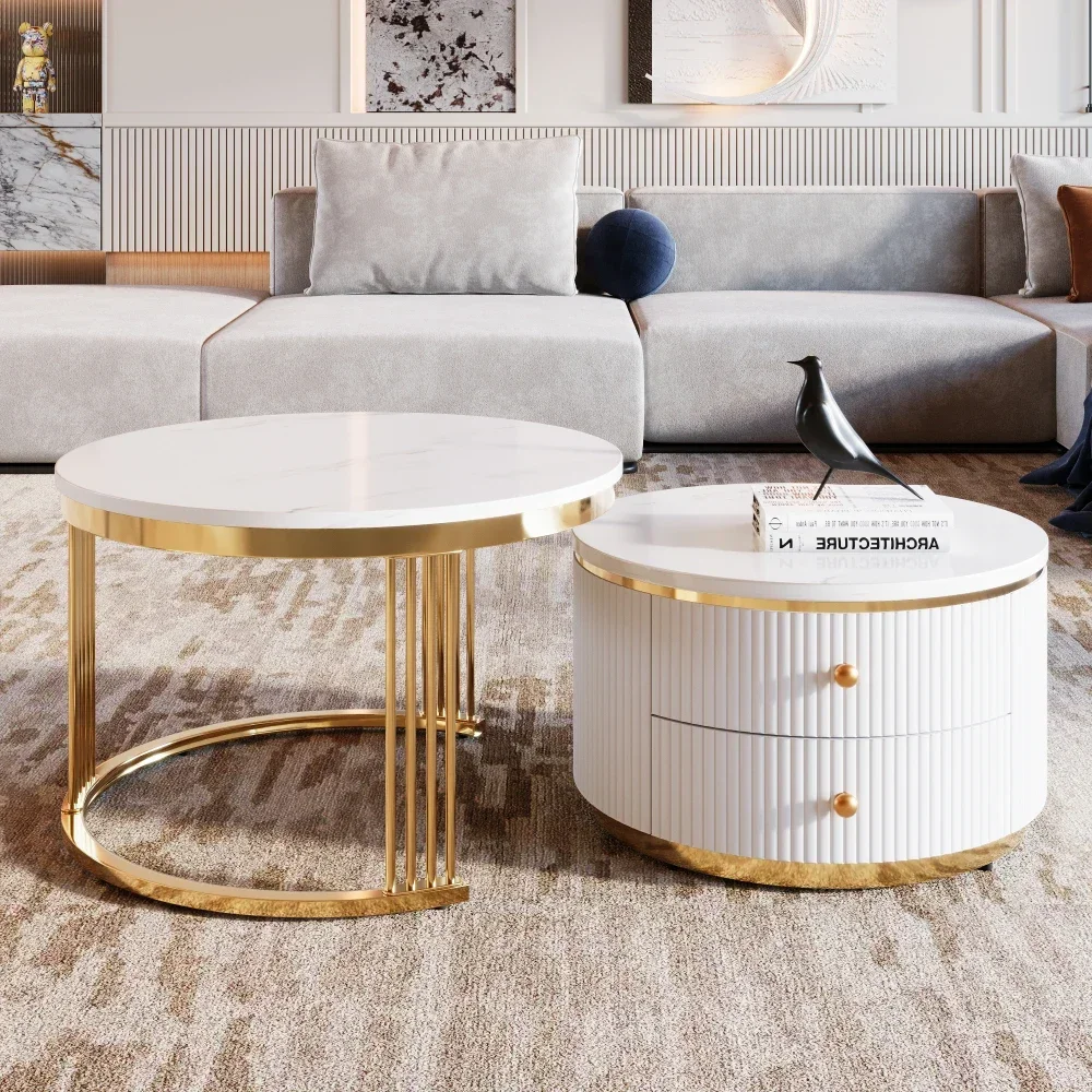 Caf&eacute; Tables, Modern 2 Piece White Round Nested Coffee Table with Drawers