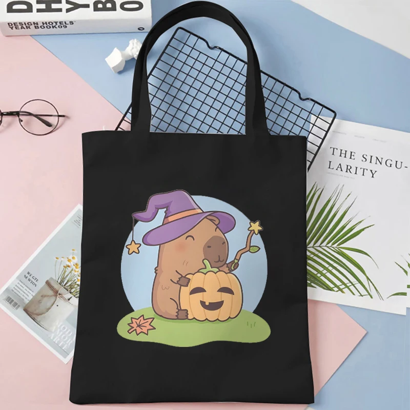 Funny Halloween Party Canvas Tote Bags Handbag for Women Shopper Spooky Capybara Boo Pumpkin Designer Bag Teen Shoulder Bag