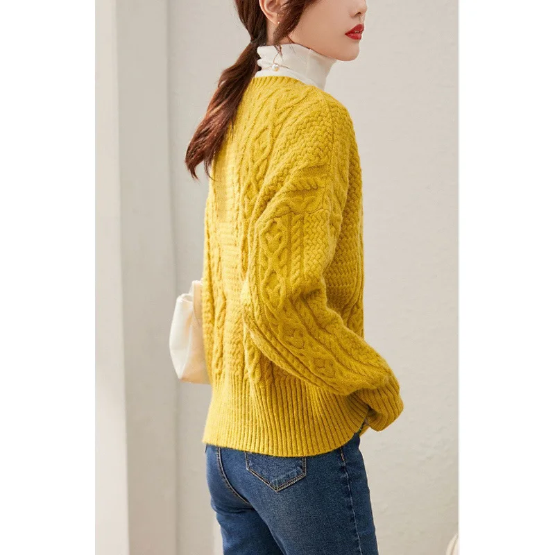 

Autumn Winter New Women Fashion Yellow Sweet V-neck Long Sleeve Twist Thick Knitted Sweater Casual Pullover Tops Jumper Clothing