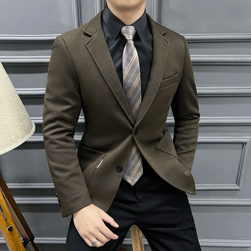 2024 High quality fashion handsome spring and autumn hot sell Waffle suit men's senior sense plaid suit green coat 2