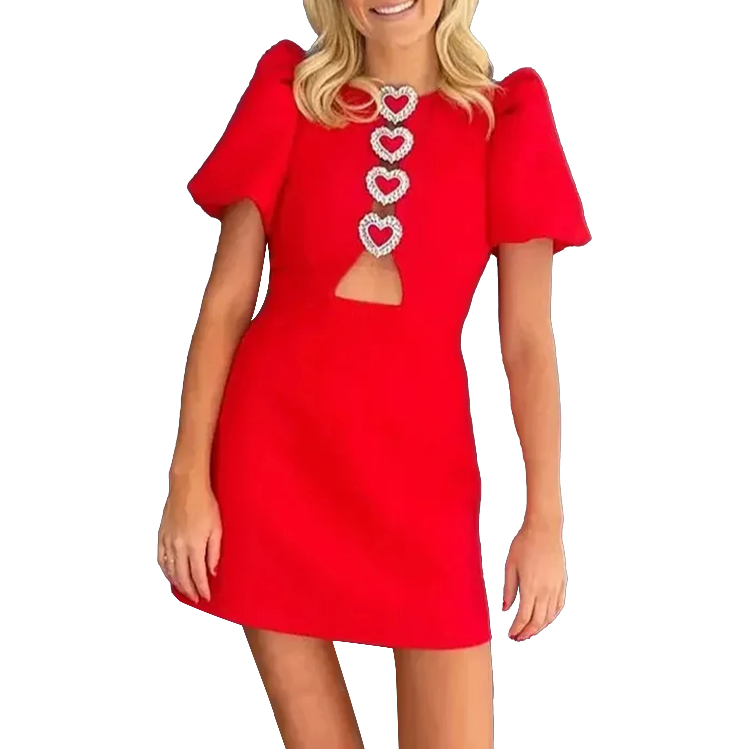 Women Dress Fashion Puff Sleeve Mini Dress 2024 Summer Love Metal Buckle High-Waist Dresses Female Elegant Chic Party Dress