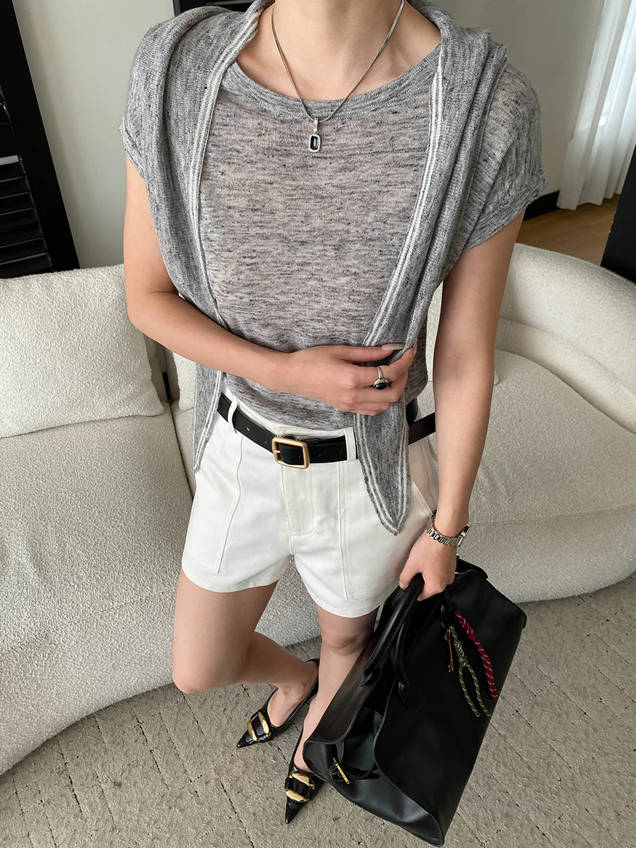 Frühlings- und Sommer-Damen-Shorts in Unifarben mit hoher Taille, weitem Bein und großen Taschen im Workwear-Stil. – Detail 25