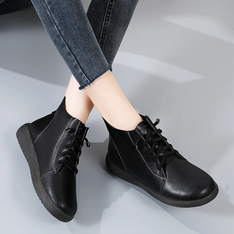 WOIZGIC Women Female Mother Ladies Genuine Leather Boots Shoes Platform Lace Up Ankle Autumn Non Slip Soft British Style