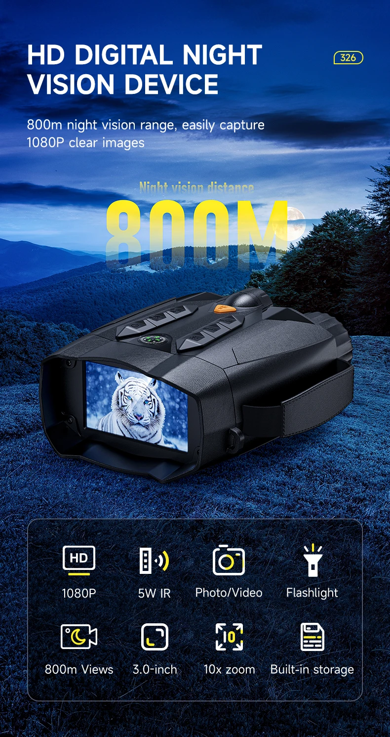 Night Vision Binoculars 4K Infrared 5000mAH Rechargeable 10X Zoom 800 Meters Dar